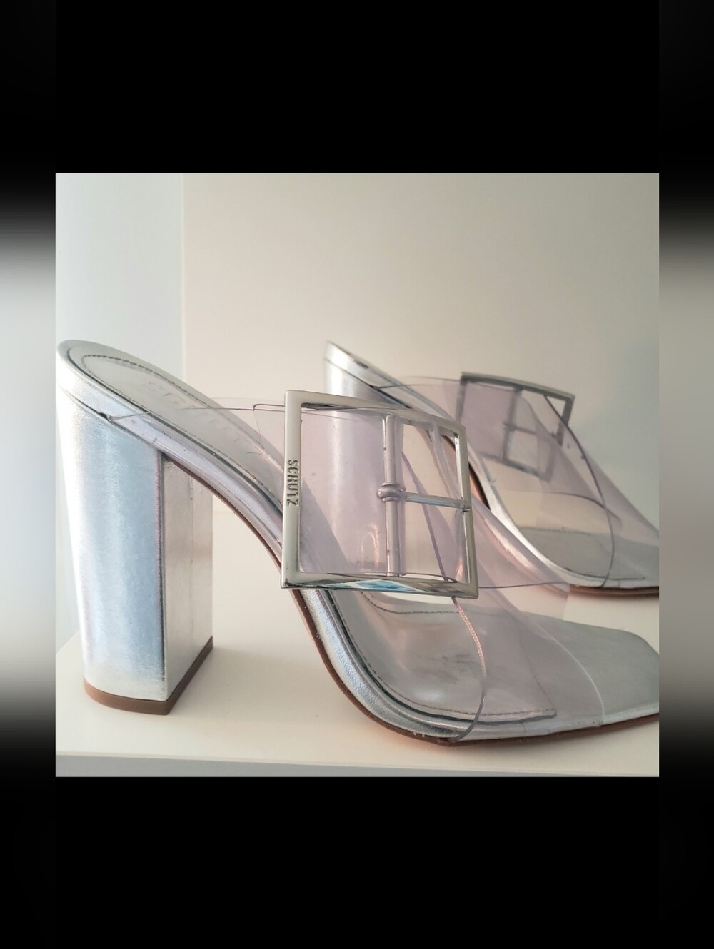 SCHUTZ Madaleni Silver and Clear Buckle Block Heel Mule 7.5